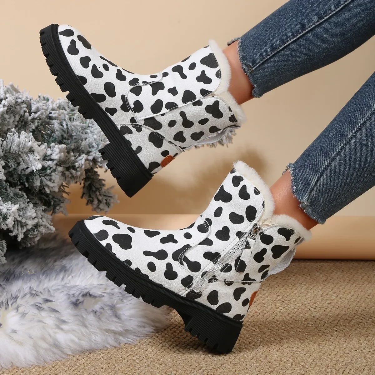 

Black&white Leopard Print Zipper Medium Tube Snow Boots Piled Thickened Warm Casual Versatile Sports Women's Boots 35&42