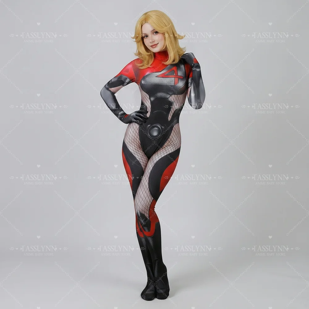 Rivals Invisible Woman Cosplay Zentai Bodysuit Red Black Mesh Armor Print Jumpsuit, Women Superhero Costume for Halloween view 5