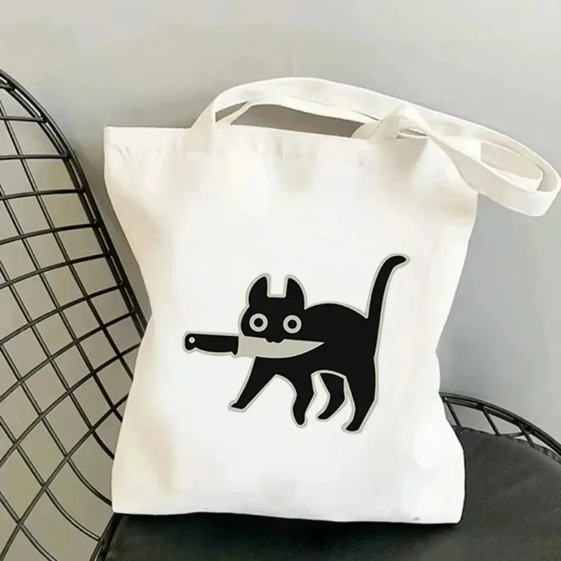 Divertente borsa tote in tela da donna con gatto nero Borse per la spesa di grande capacità Borsa a tracolla femminile con cartoni animati Harajuku