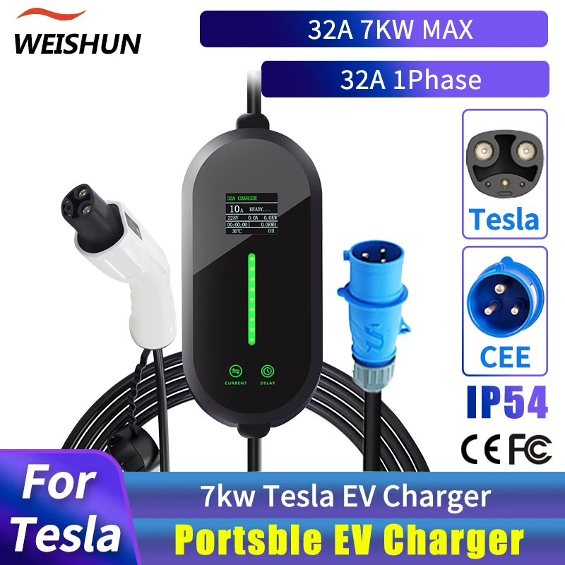 

Portable EV Charger Wallbox for Tesla 7KW 32A 1Phase Level2 with 5m Cable Current Adjustable for Tesla Models 3/Y/S/X