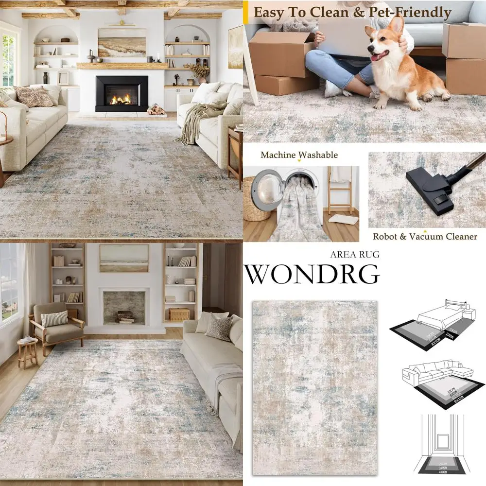 

Large Beige and Blue Abstract Area Rug - Soft, Washable, Non-Slip, Modern Low Pile Carpet for Living Room and Bedroom