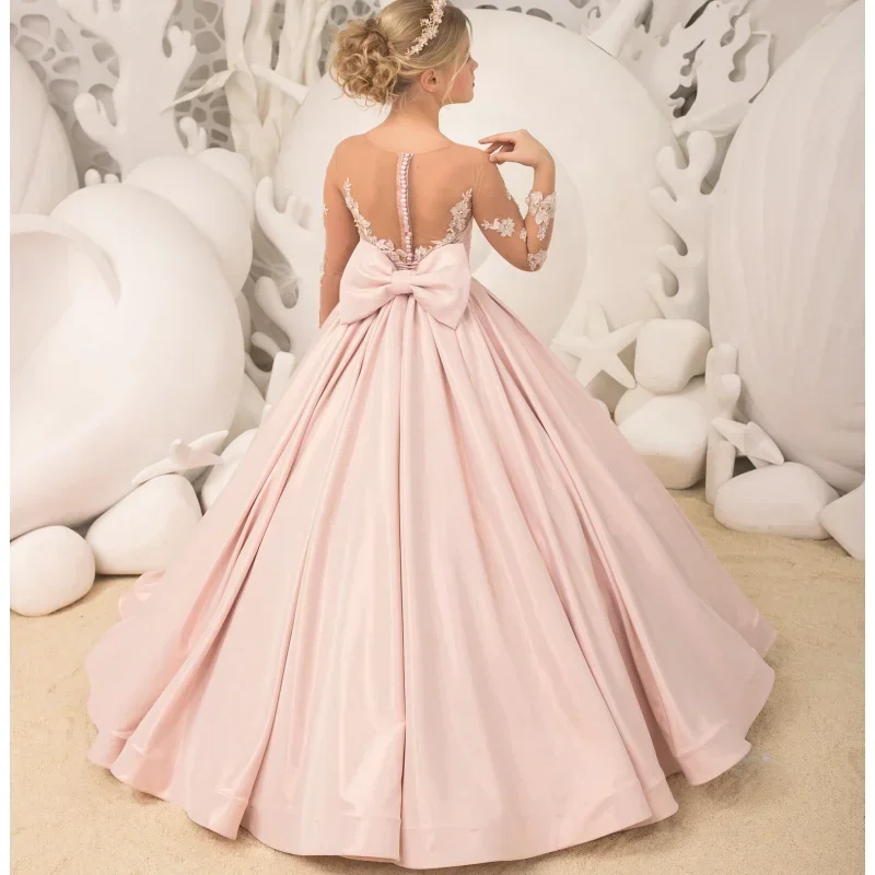 

Pink Satin White Flory Pattern With Bow Long Sleeve For Wedding Birthday Party Banquet Gowns Customized Flower Girl Dresses