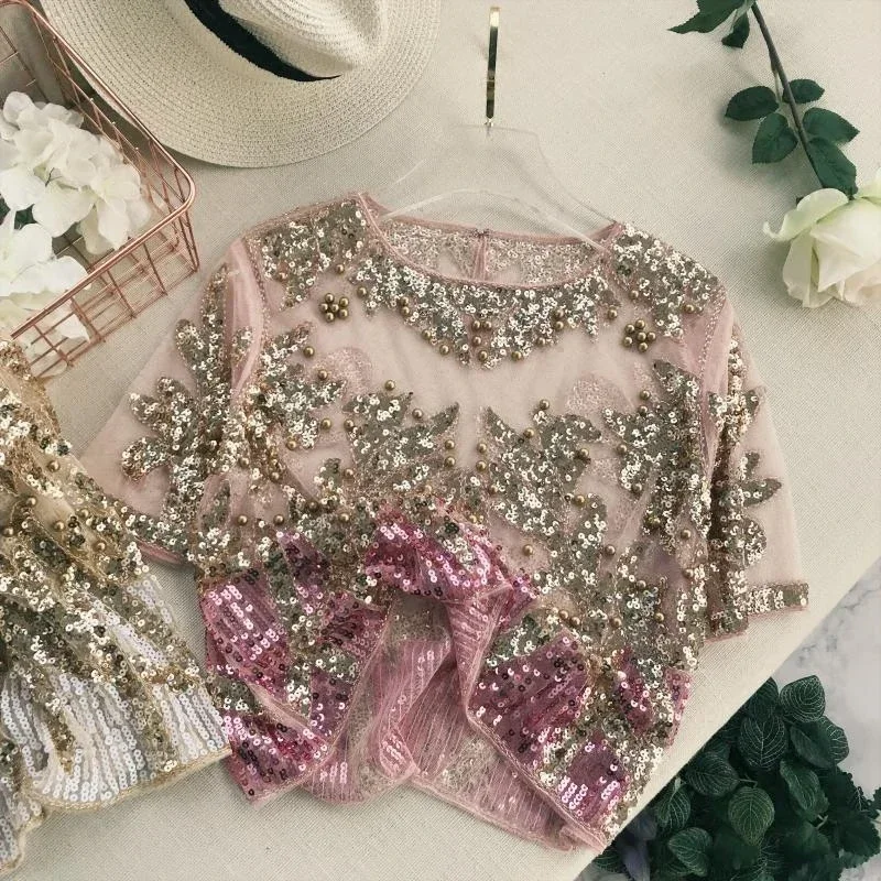 Sexy Floral Embroidered Beaded Mesh Tees Blingbling Sequined Short-sleeved O-Neck Perspective Gauze T-shirt Jumpers Crop Tops