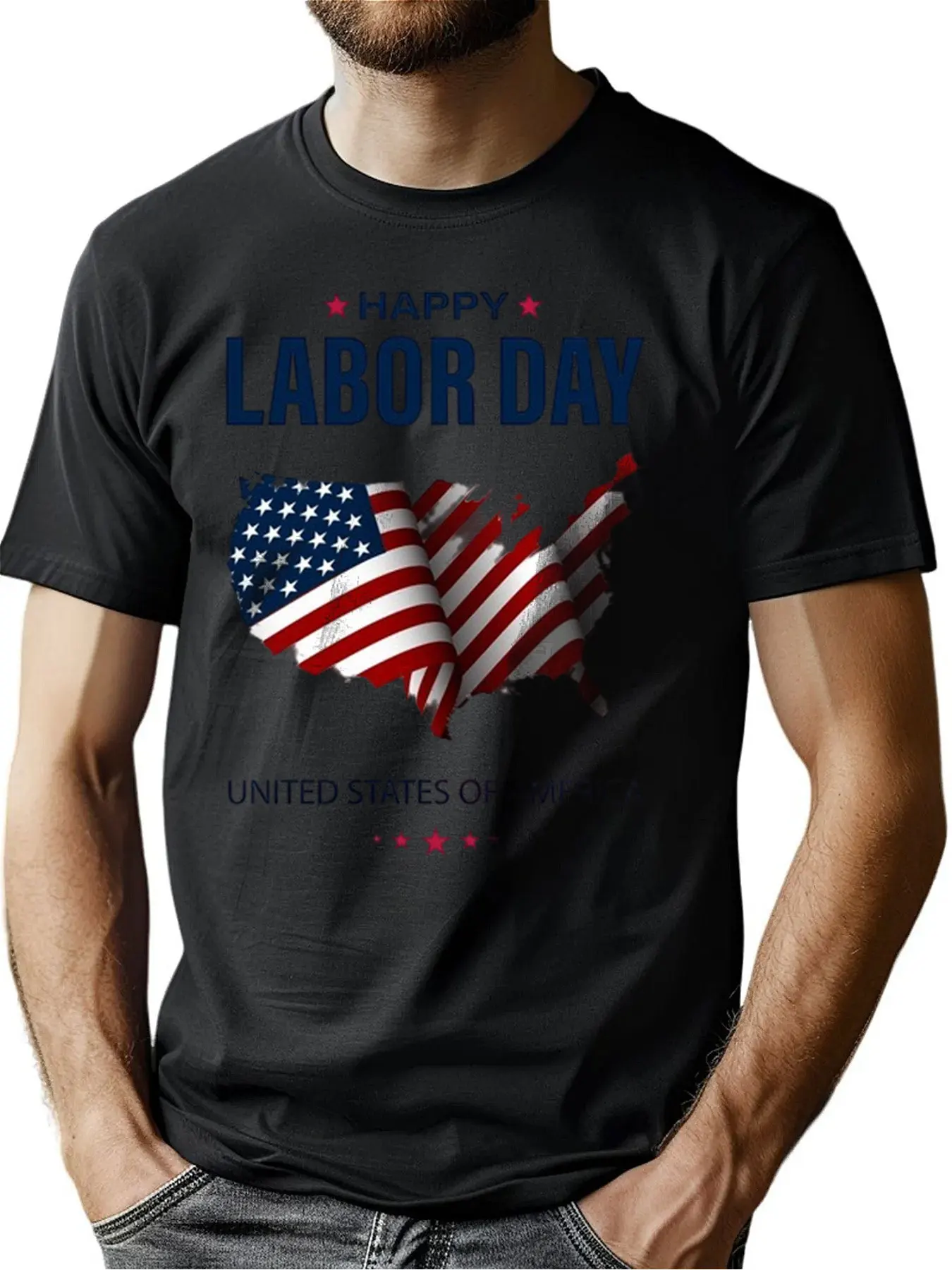 

Men's Pure Cotton Crew Neck Tee With "Happy Labor Day" USA Map Print, Soft Casual Shirt For Outdoor Activities, Christmas Gift