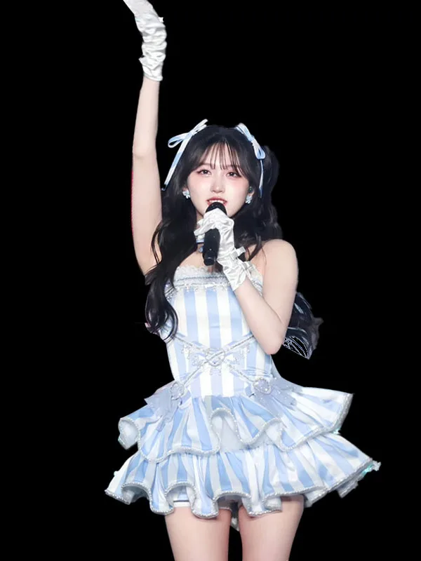 

New Women's up IVE Zhang ng Performance Outfit Blue Striped New Dance T Stage Set Costume Polyester Summer 2025