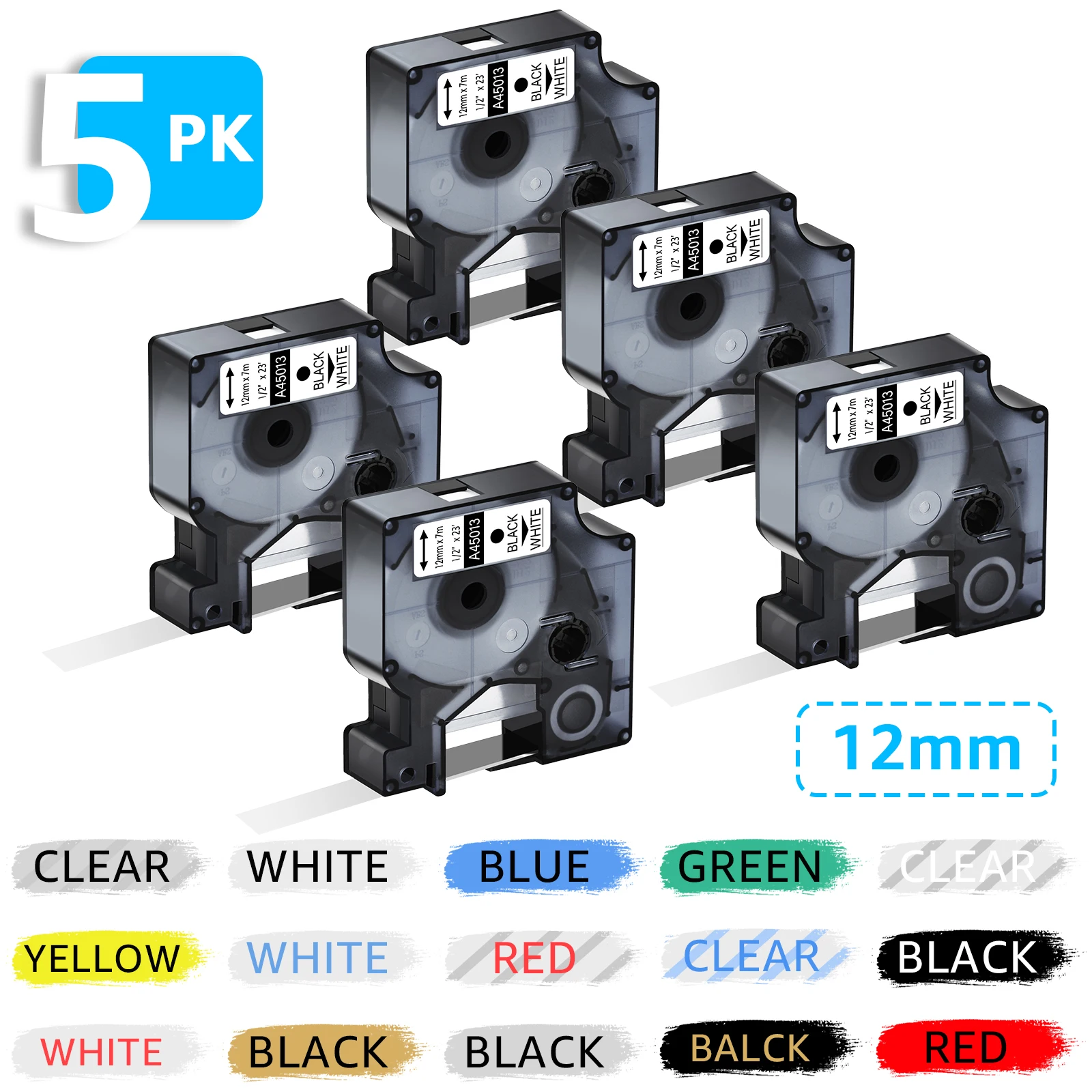 

5/10PK Standard Labels Compatible with Dymo 45013 S0720530 12mmx7m Tapes Ribbon Replacement for Dymo LabelManager 210D Printer