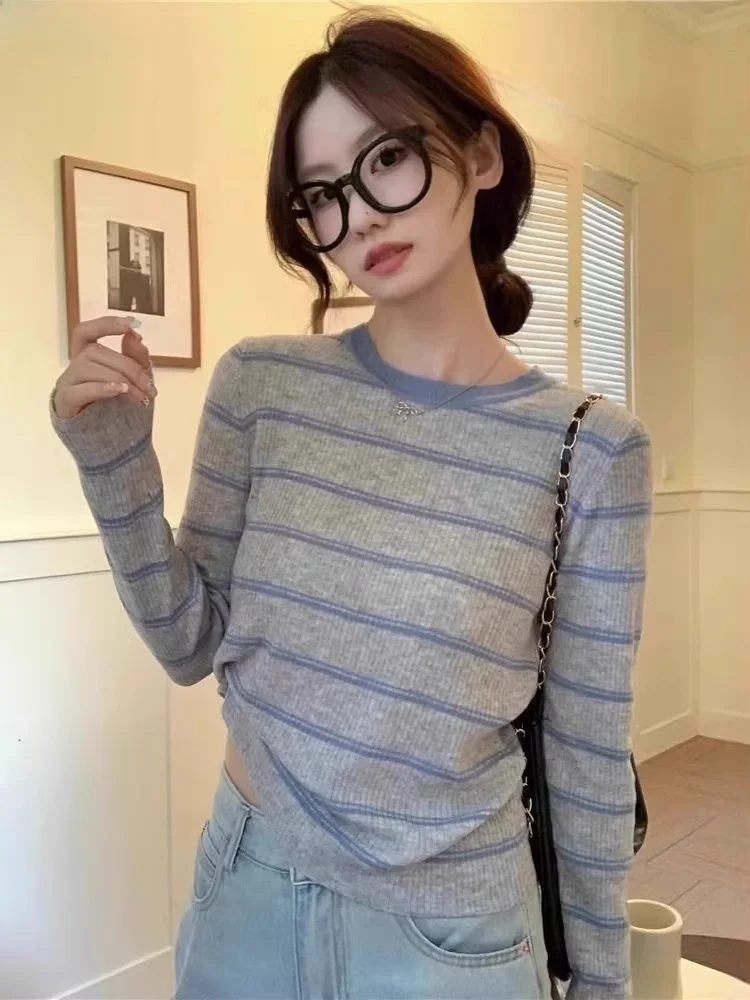 Autumn Clothing Vintage Stripe Pullovers Women Tunic Long Sleeve Sueter Mujer Korean O Neck Patchwork Pull Femme Knitted Sweater