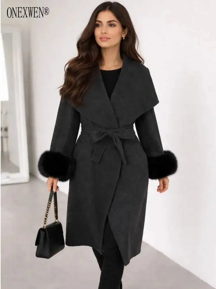 ONEXWEN Women's Wool Blend Long Coat With Large Lapel Collar Black Fur Cuffs And Waist Belt Elegant Winter Outerwear ZM5418