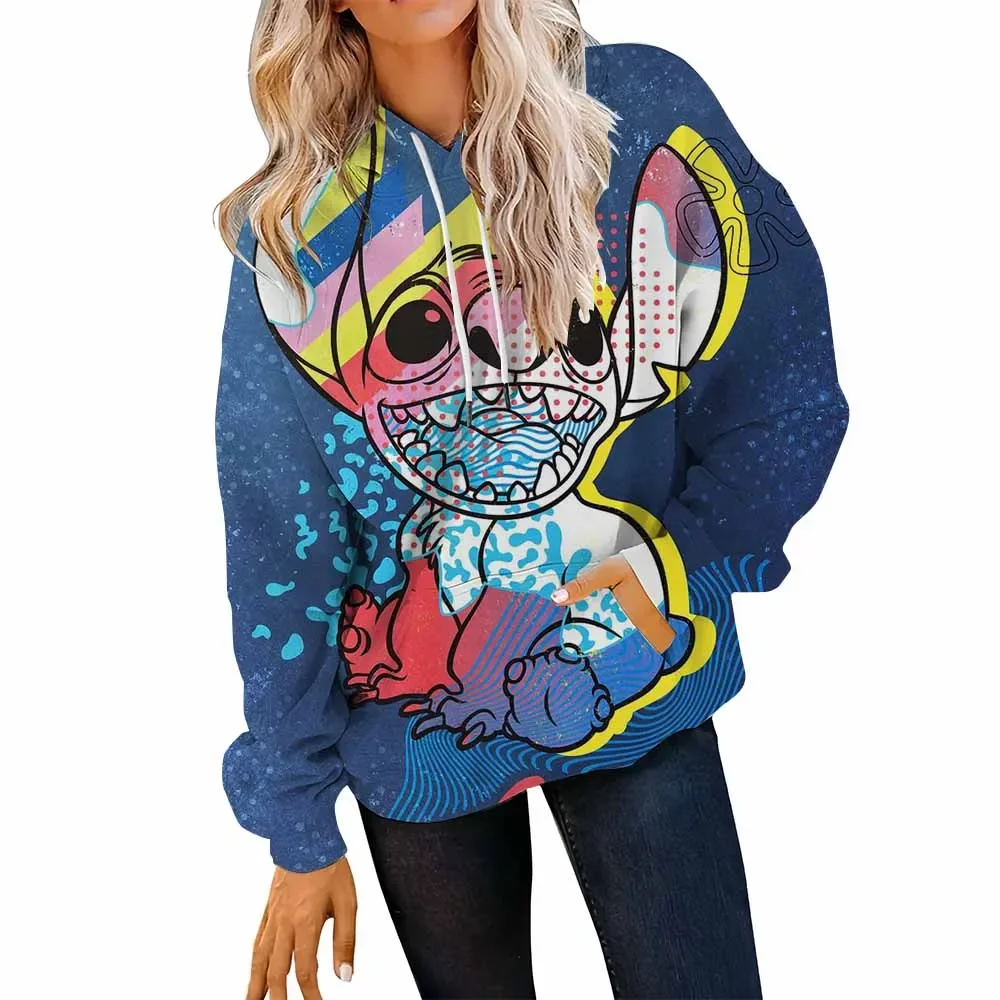 Bluza z kapturem na jesień i zimę, luźny krój, długi rękaw, nadruk Disney Stitch, jesień-zima, rozmiar plus size, zapinana na zamek, transgraniczna.