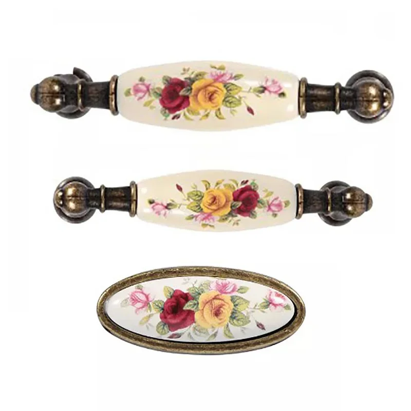 Vintage Antique Bronze Flower Ceramic Cabinet Handle Cabinet Cupboard Drawer Closet Knobs Pull DIY Door Handles Home Decorations