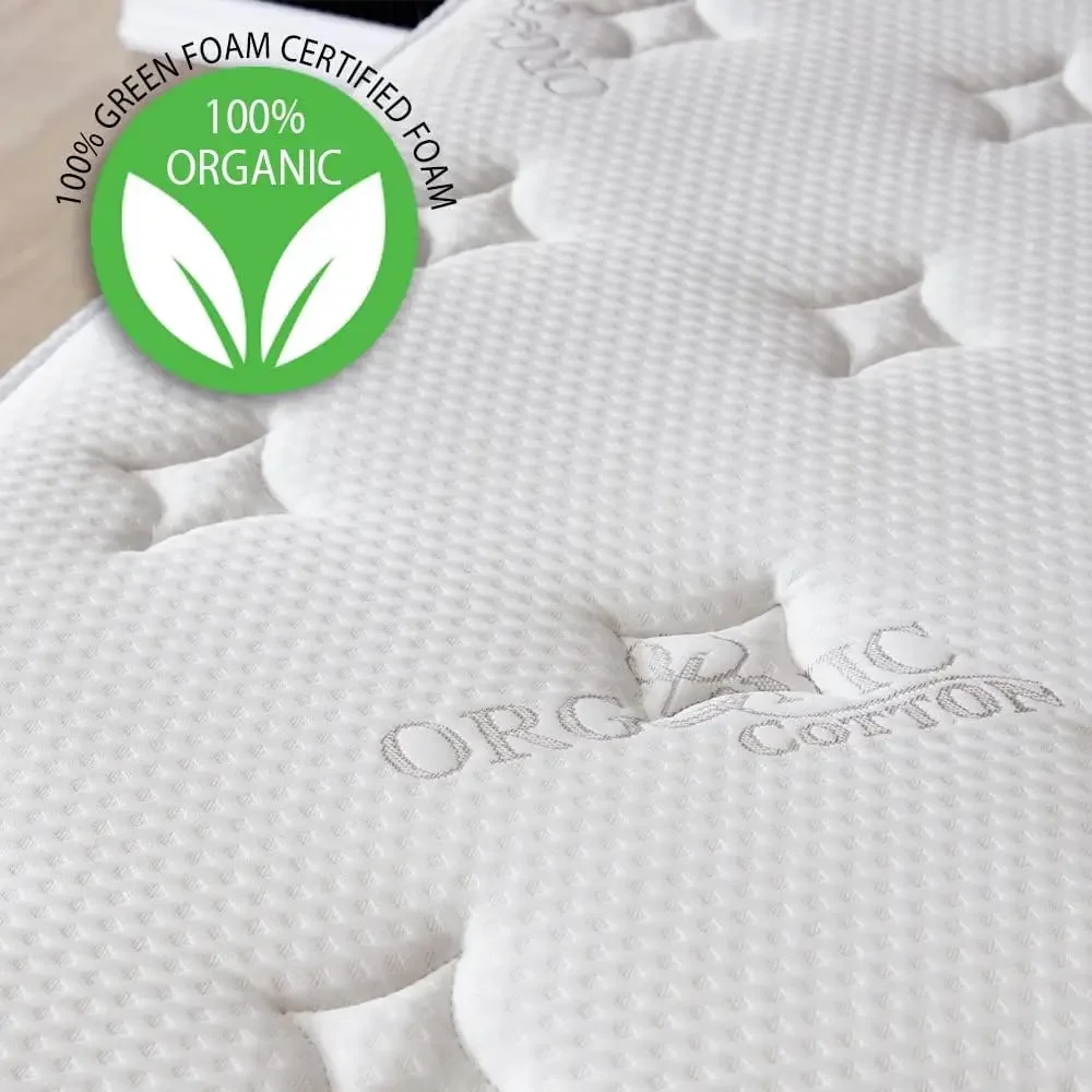 Cool Memory Foam & Spring Hybrid Mattress with Breathable Cover - Motion Isolation - Comfort Plush Euro Pillow Top - Green Foam