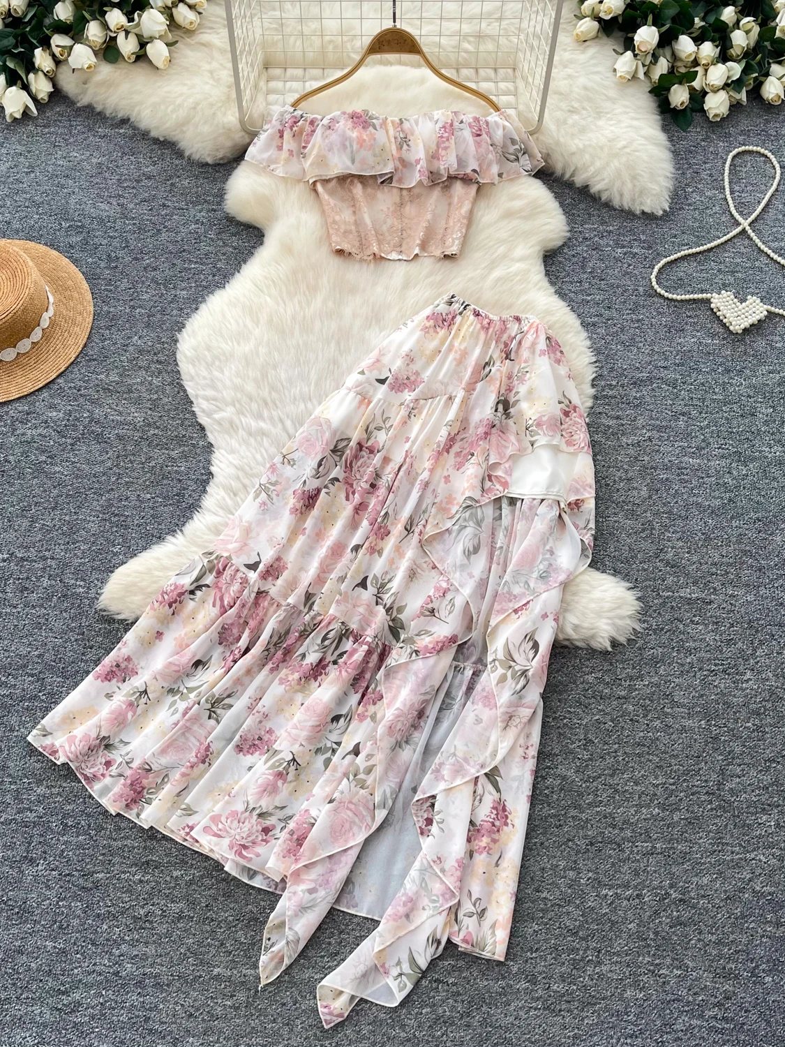 

Romantic Style One-Shoulder Floral Slimming Two-Piece Set Women's Summer Light Maturity Lace Skirt Cake Skirt Slimming Suit