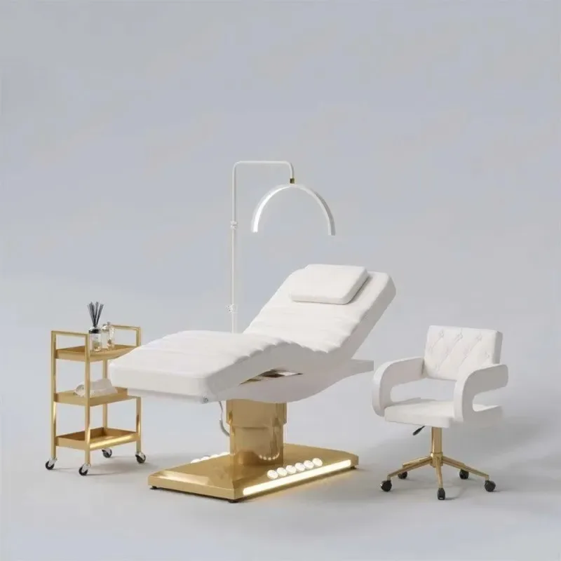 Modern Salon Black Leather Gold Base Electric Bed With Foot Control Massage Face Bed For Salon