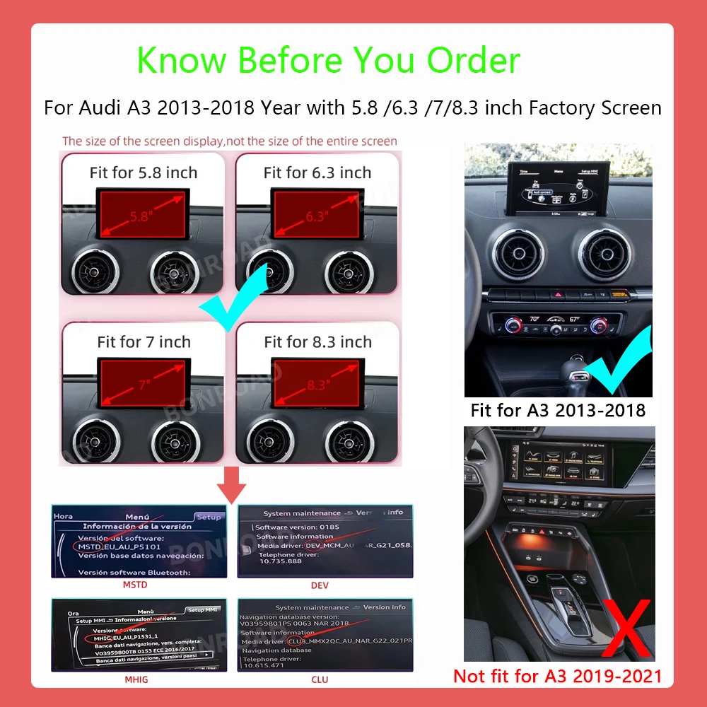BONROAD Wireless CarPlay Android Auto Adapter Module MMI Box USB Video for Audi A3 8V 2013-2018 Bluetooth Navigation Mirror Link Reverse Camera Airplay Autolink
