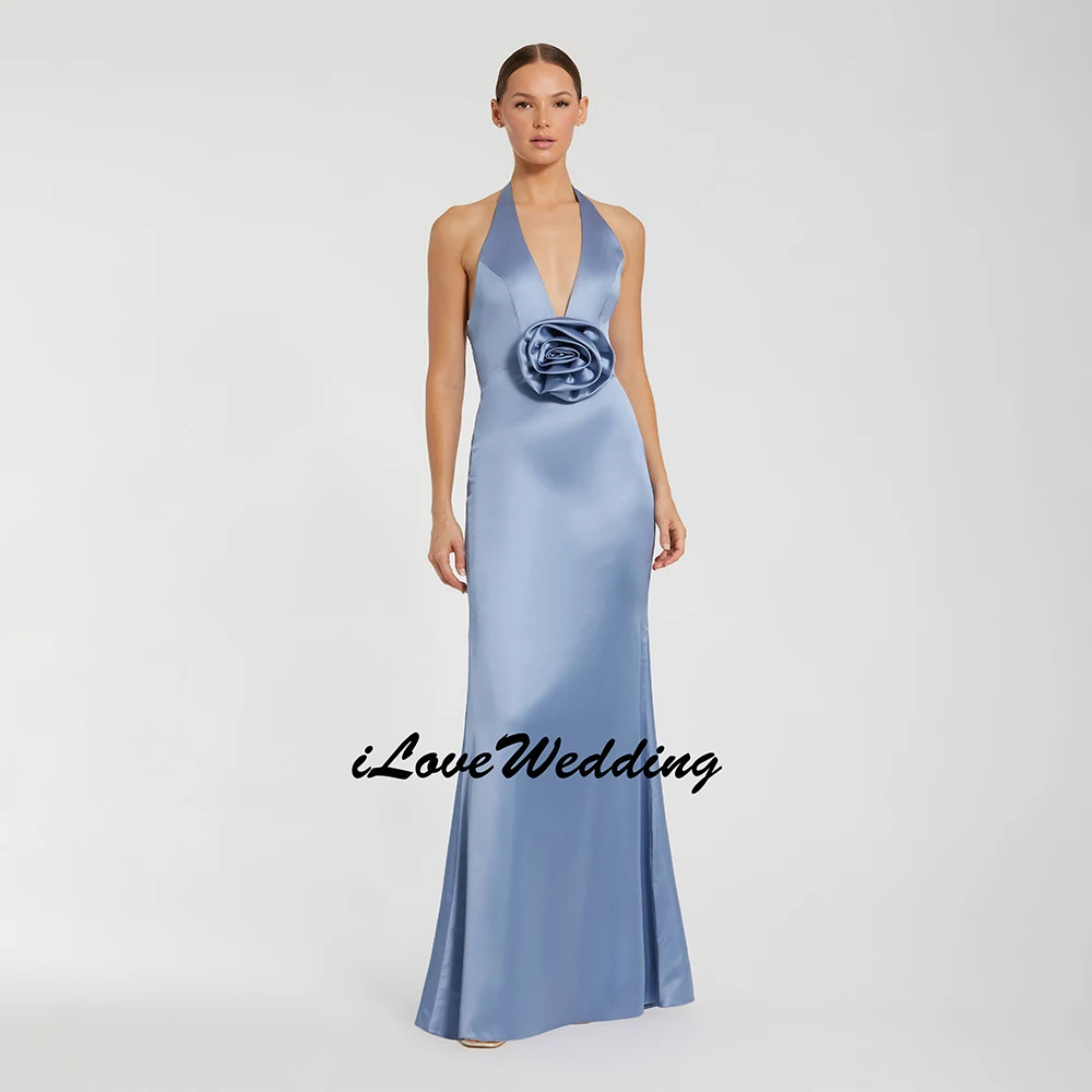 Customized Exquisite Blue Flower Evening Dress Halter Neck Deep V-Neckline Central Three-Dimensional Floral Applique Backless