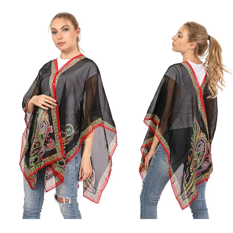 Fashion Women Ponchos Capes Summer Sunshade Imitation Silk Button Shawl Sunscreen Shawl Gift Silk Scarf Shawl Cloak