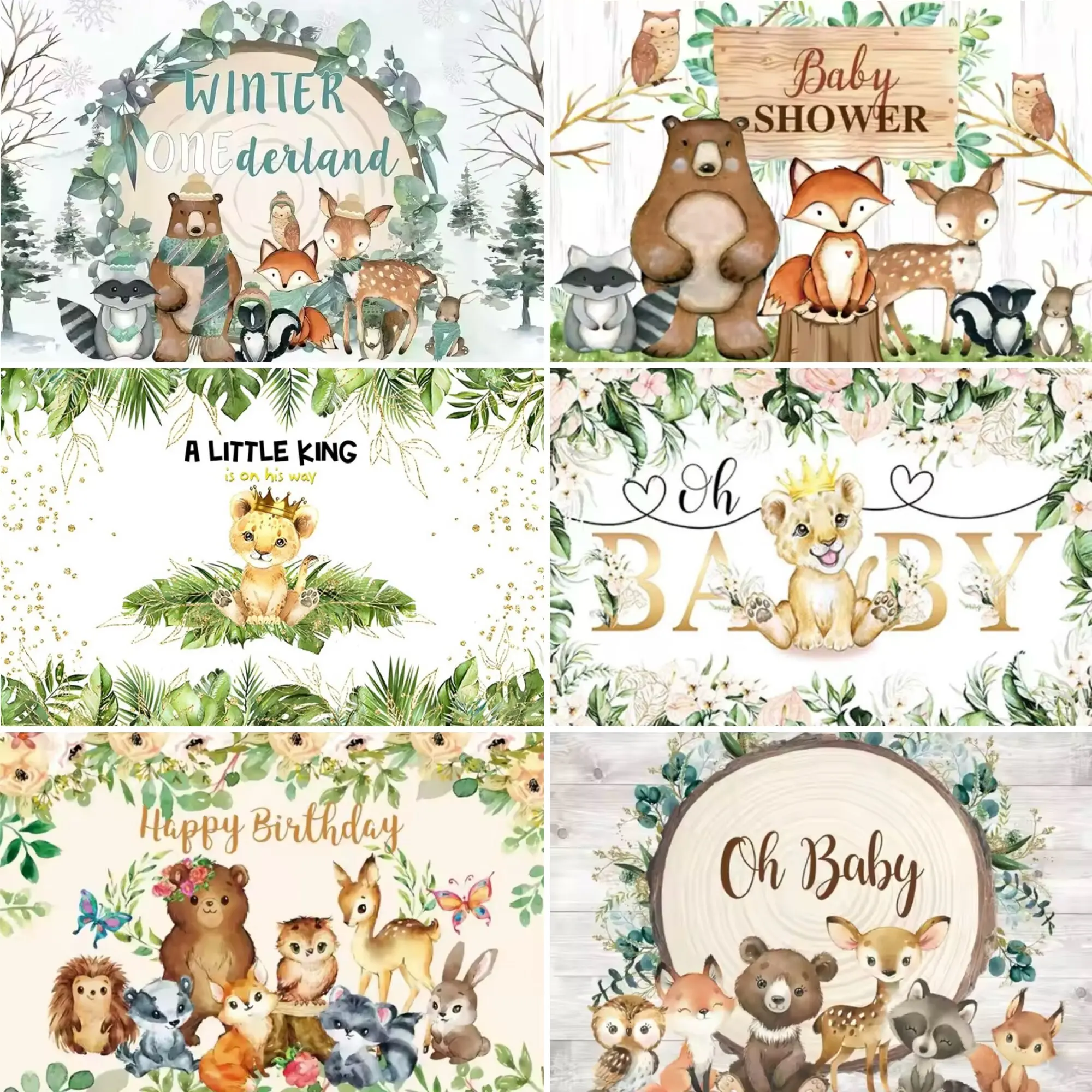 From the forest animal theme background lion monkey brown bear small animal children's birthday party decor poster Backgroundd