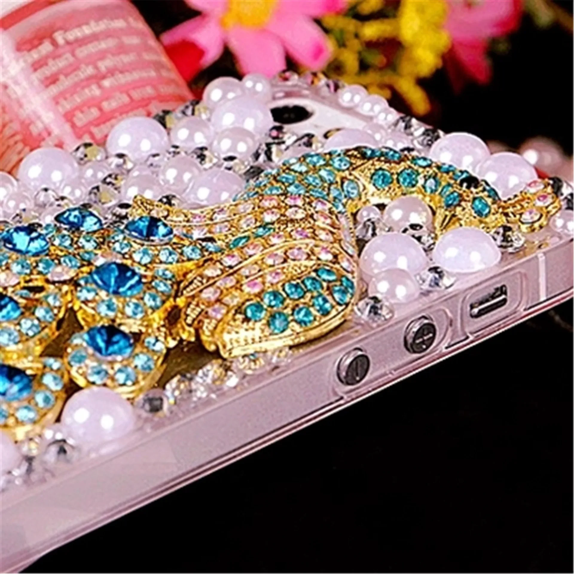 Soft Cover Case for iPhone, 3D Bling, Crystal Rhinestone, Peacock Flower, Diamond Pearl, Luxury, 16 14, 15, 13, 12, 11 Pro, XS,