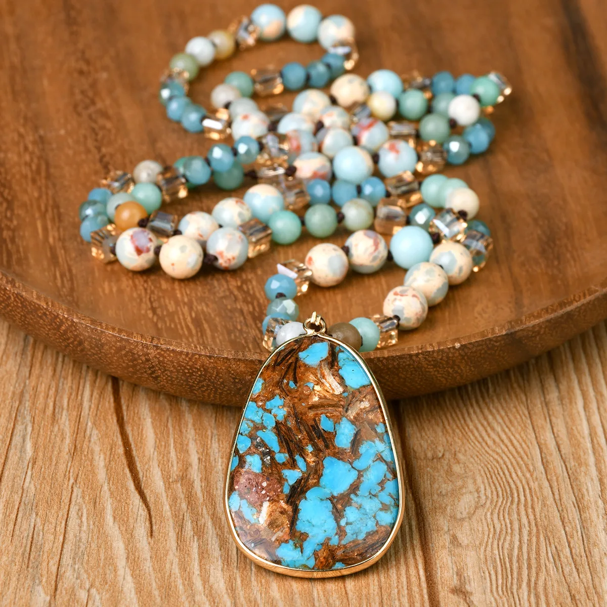 Hand-Knotted Imperial Stone Pendant Sweater Chain for Women – Long Luxury-Style Necklace with Amazonite, Fall/Winter Fashion