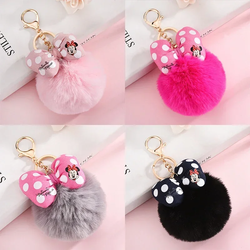 Disney Mickey Mouse Hairball Keychains Bag Hanging Accessories Action Toys Minnie Keyring Anime Bow Pendant Key Chain Kids Gifts