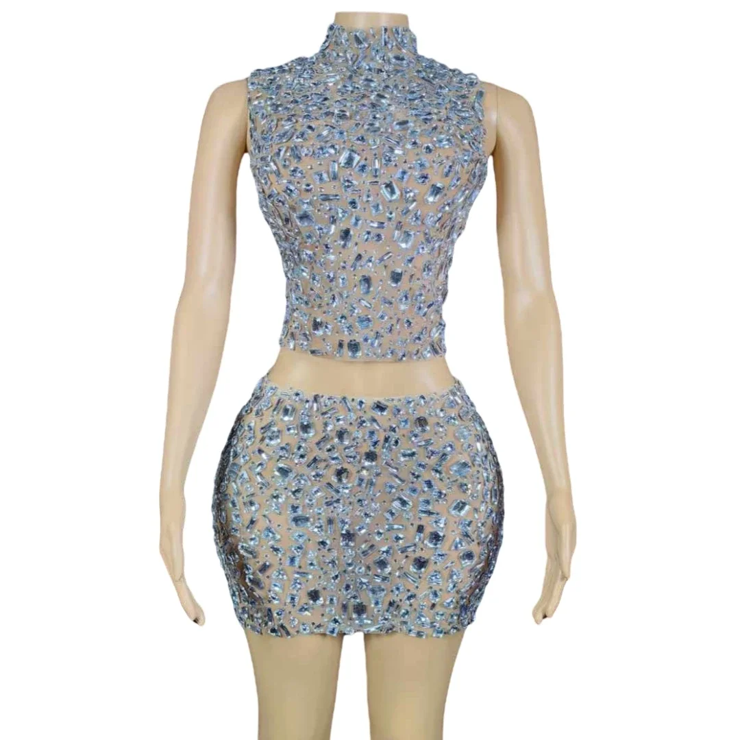 

Комплект из 2 предметов: топ и юбки, блестящая одежда со стразами для ночного клуба, женское платье на день рождения, стильный дизайн, наряд Drag Queen