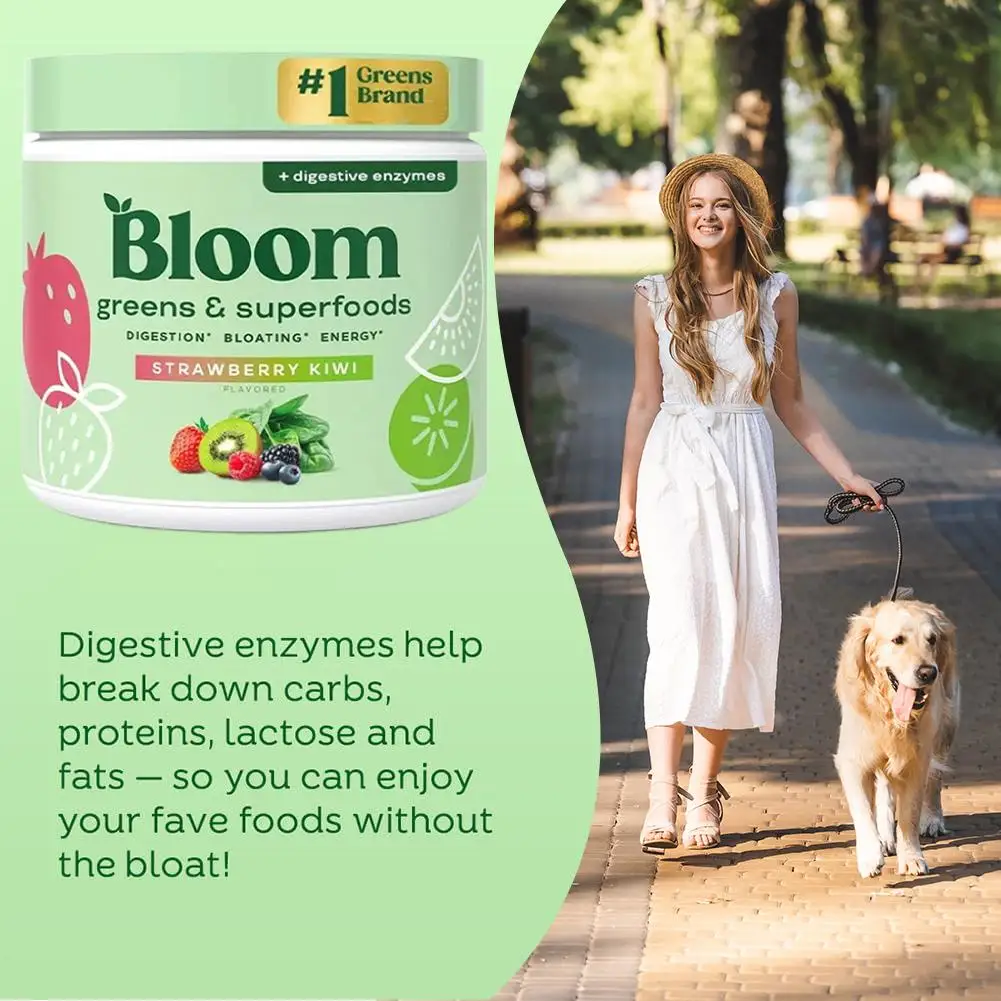 بلوم جرينز آند سوبر فودز نكهة فاكهة البرتقال إنزيمات الجهاز الهضمي تدعم الهضم والانتفاخ والخضر للطاقة للعافية