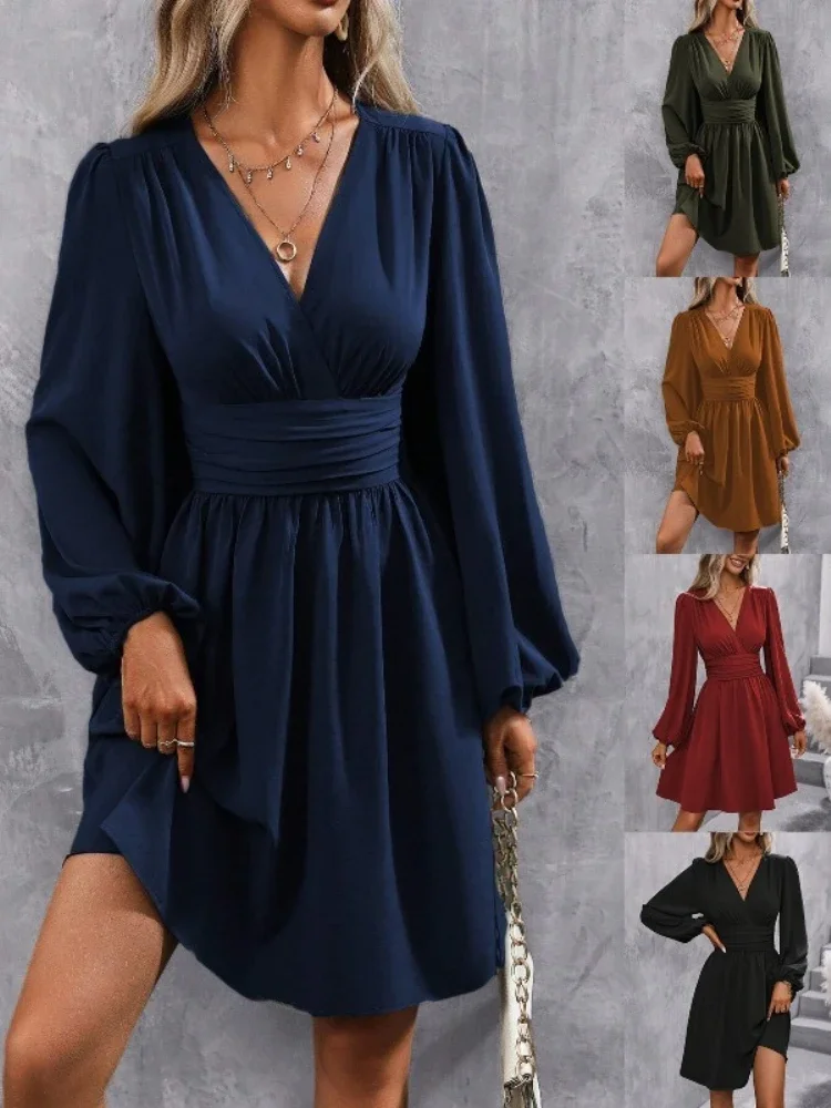 New Fashion Dresses Woman Clothing V Neck Lantern Sleeve Mini Dress Ruched Waist Hem Elegant Temperament Autumn Party Styles