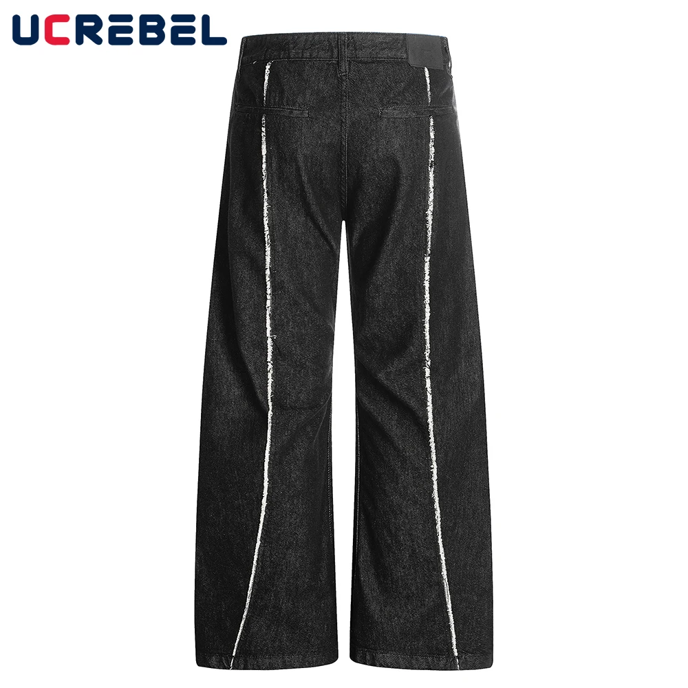 

Raw Edge Spliced Dark Denim Pants Mens Retro High Street Washed Loose Wide Leg ARC 3D JEANS Men