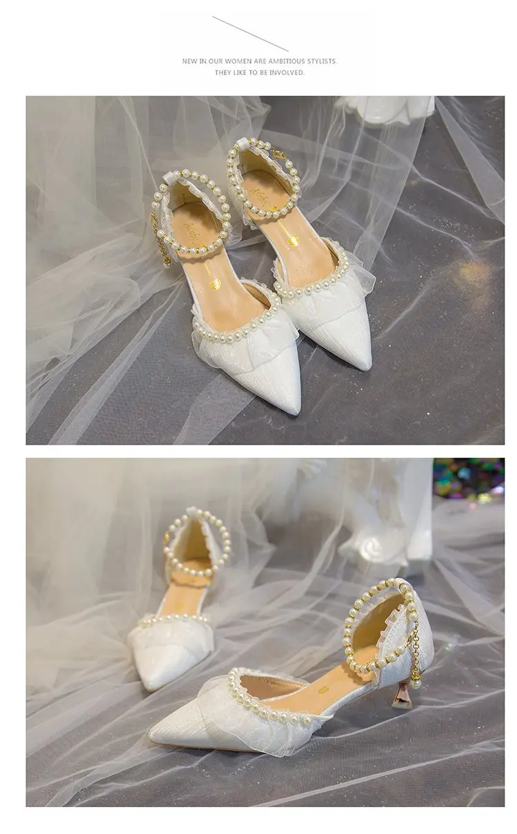 Weiße Hochzeitsschuhe für Damen 2026 Sommer Luxus Seide Perlen Knöchelriemen High Heels Pumps Spitze Damenschuhe mit Absatz – Detail 15