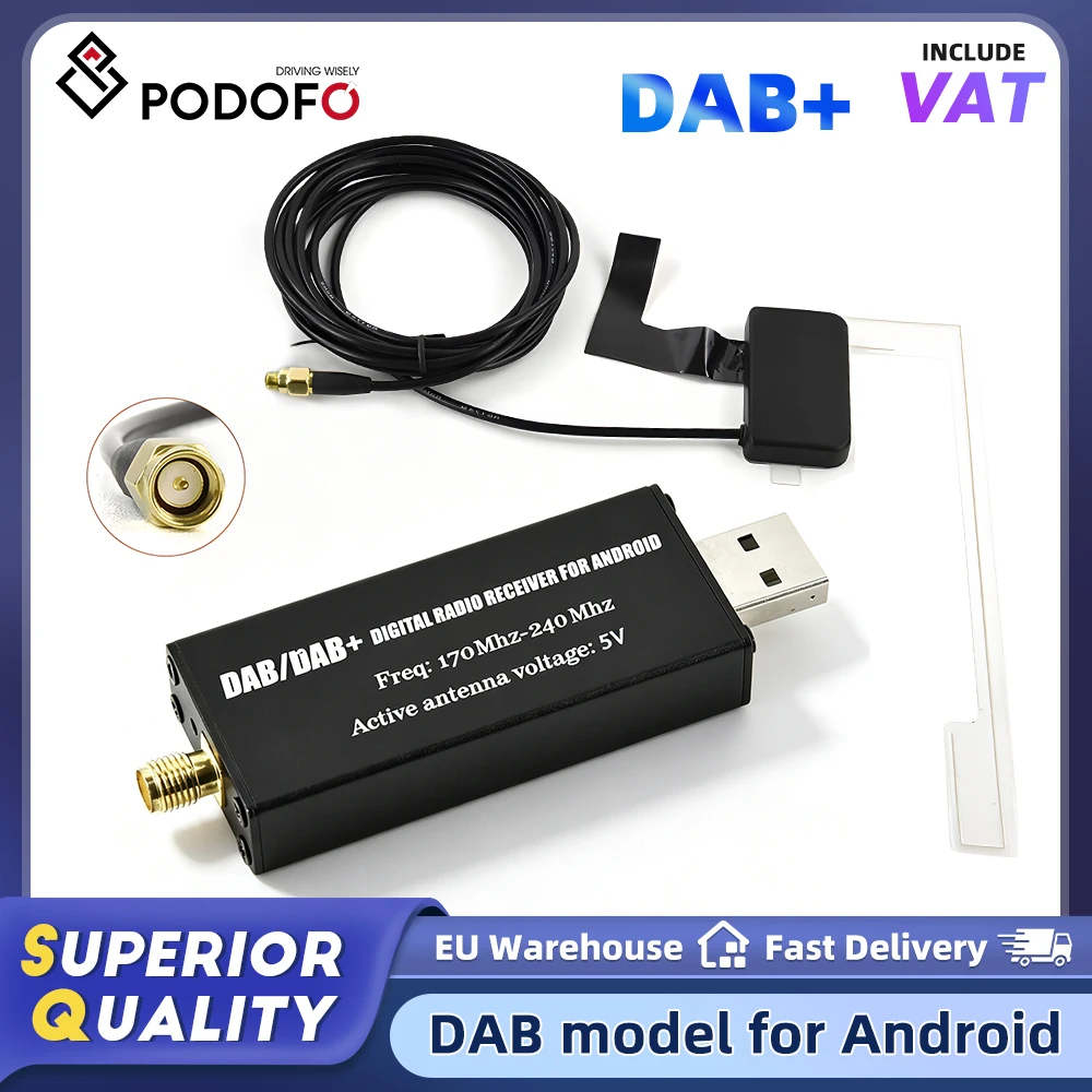 Moduł odbiornika radiowego Podofo USB DAB+ z anteną DAB FM AM, adapter tunera do samochodowego odtwarzacza multimedialnego.