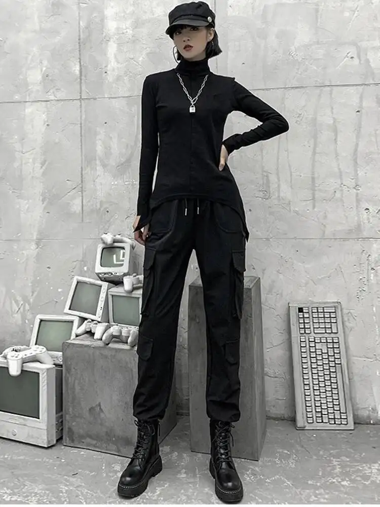 جيوب سوداء عالية مرونة الخصر طويل الحريم السراويل الجديدة فضفاضة تناسب السراويل النساء أزياء المد ربيع الخريف #4