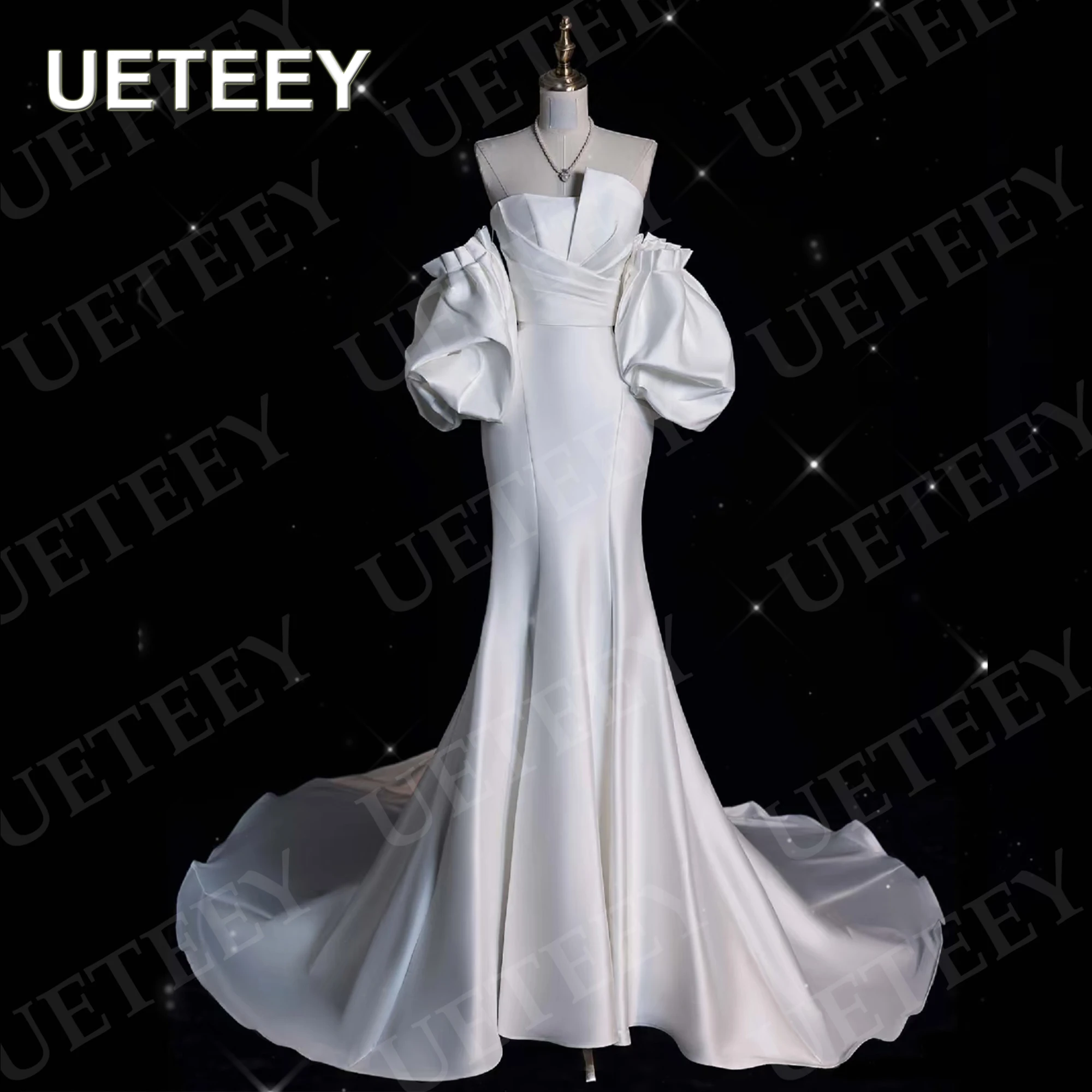 

UETEEY Elegant Mermaid Wedding Dress Women robe de mariée Simple Strapless Puff Sleeves Satin Bridal Gown Customized Sweep Train