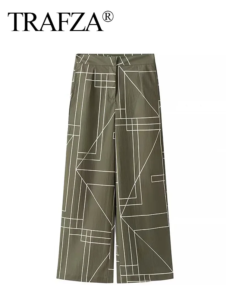 

TRAFZA 2024 Fashion Women ArmyGreen Geometric Plaid Print Wide Leg Straight Pants Woman High Waist Side Pockets Zipper Long Pant