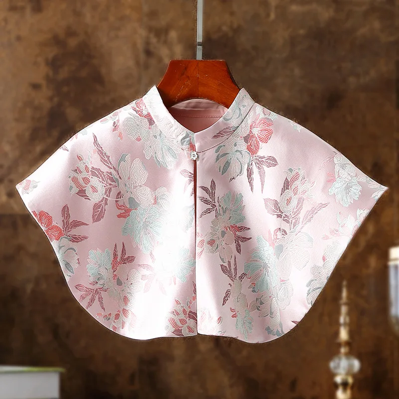 

Vintage Floral Buckle Jacquard Brocade Cloud Shoulder Chinoiserie Satin Cape Coat Embroidery Stand Neck Exquisite Clothes