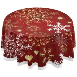 Merry Christmas Snowflake Round Tablecloth Holiday Table Cloth Cover Lace Polyester Dining Decorative for Party Wedding Picnic