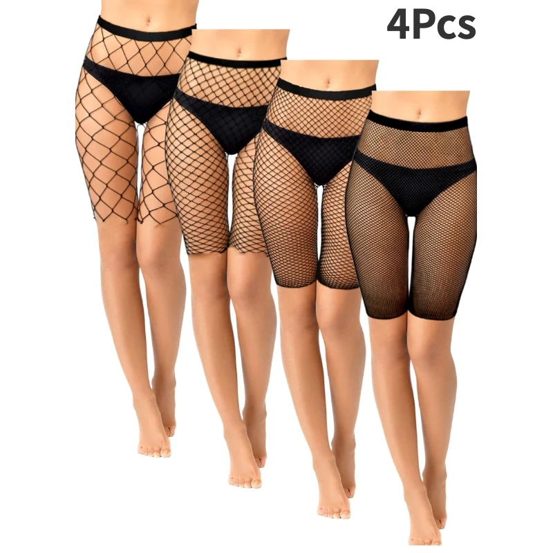 4 Pcs Fishnet Shorts High Waisted Mesh Short Leggings See Through Tights Cover up Short Pantyhose underwear for Women Lady