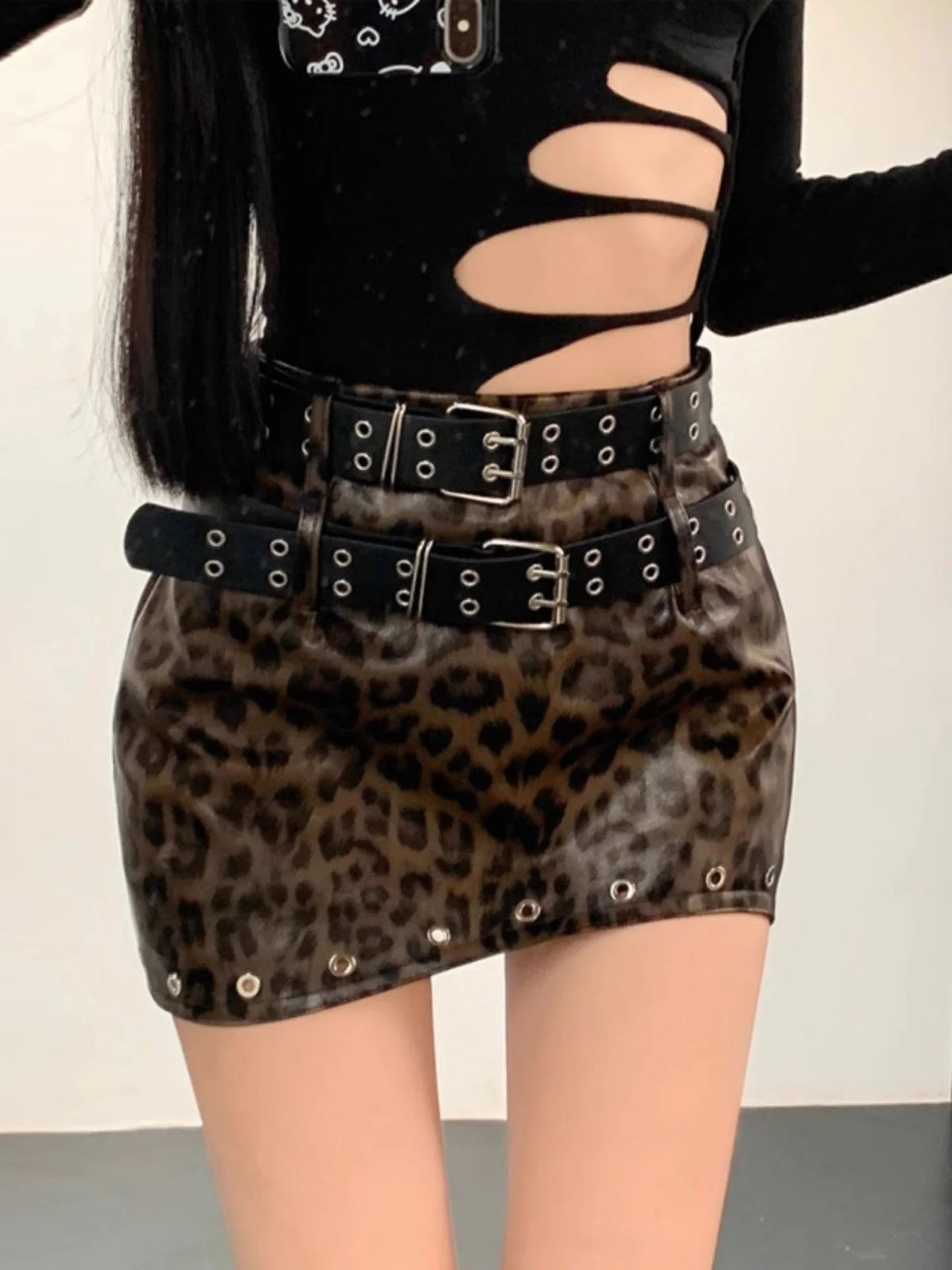 Retro Sweet Leopard Print PU Leather  Skirt Women's Autumn New Double Belt Design Sweet Cool Versatile Short Skirt Trend
