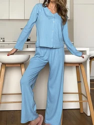 Hiloc Knitted Pajamas For Women 2 Piece Sets V Neck Long Sleeve Sleepwear Female Casual Trouser Suits 2024 Autumn Homewear