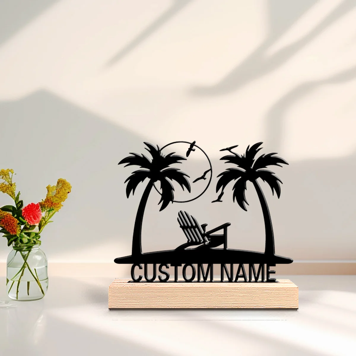 1pc Fashion beach Personalized Letter Metal Statue Metal Ornament Art Crafts With Wood Base With Wood Base Home Table