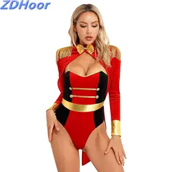 Women Circus Ringmaster Cosplay Bodysuit Fringe Epaulette Bow Long Sleeve Velvet Halloween Jumpsuit Costumes