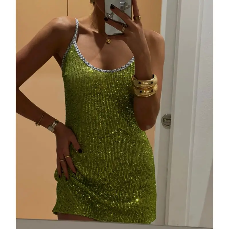 Vestido corto de verano para mujer, sin mangas, brillante, con lentejuelas, adorno a cuadros, Color contrastante, cuello redondo, espalda descubierta, recto, para fiesta