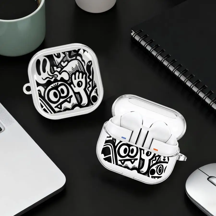 

Clear Earphone Cases Cover With Hook Case For Samsung Galaxy Buds 4Pro 2 2Pro 3Pro 4 Pro 3 FE Live Super Cool Black Graffiti