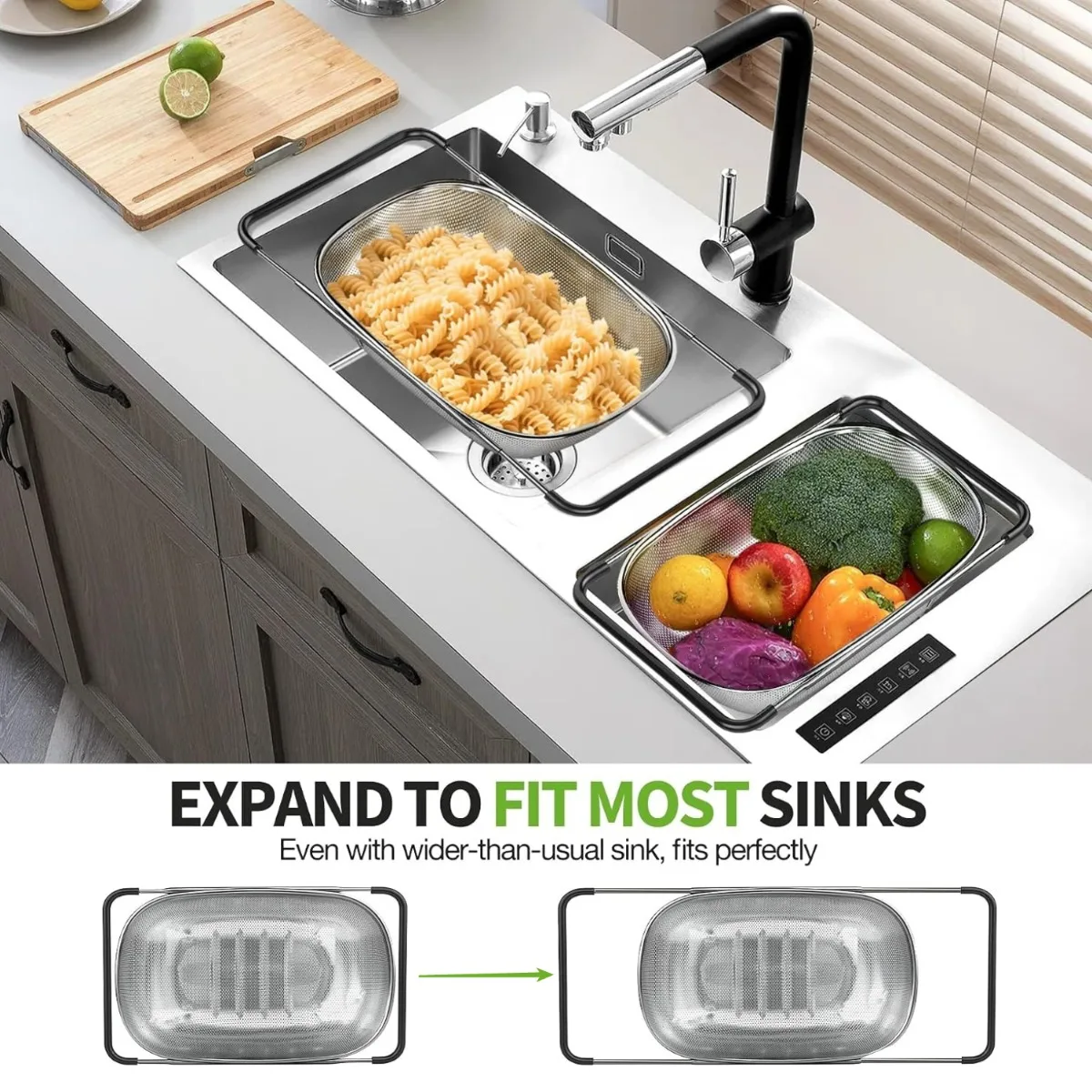 Over The Sink Colander Strainer Basket, Fine Mesh Stainless Steel Colander with Expandable Handles for Drain Pasta, Rinse Fruits