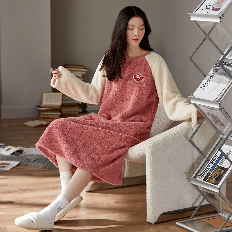 2022 Winter Thick Warm Flannel Long Sleeve Nightgowns for Women Coral Velvet Long Dress Sleepwear Night Dress Nightdress Nighty