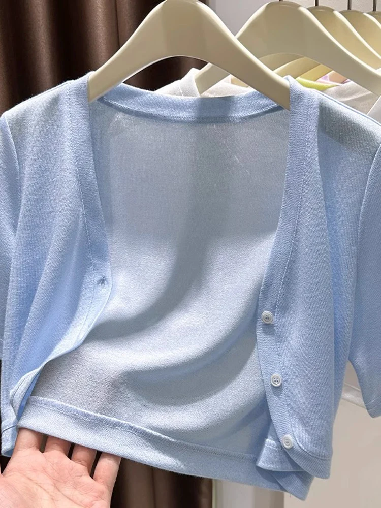 

Летний вязаный кардиган из ледяного шелка с защитой от солнца, с V-образным вырезом, синий, с открытыми плечами, женский, для повседневной носки, приталенный, верхняя одежда