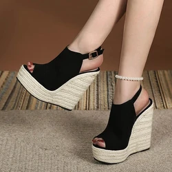 Liyke Size 34-42 Black Women Platform Wedge Sandals Summer Fashion Peep Toe Buckle Strap High Heels Ladies Shoes Sandalias Mujer