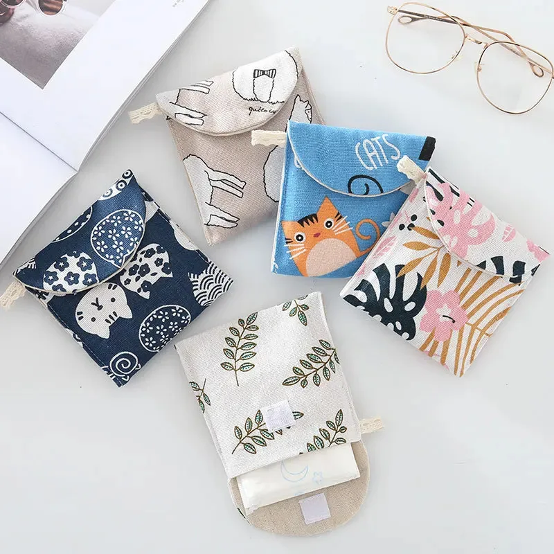 Cute And Clear Cartoon Cotton And Linen Sanitary Napkins Storage Bag, Sanitary Napkins Storage Bag, Aunt Girl Heart Portable