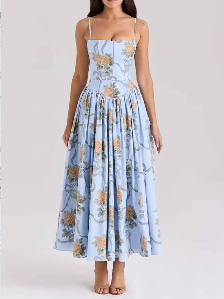 

European style new women's fashion versatile temperament floral tube top waist long suspender dress