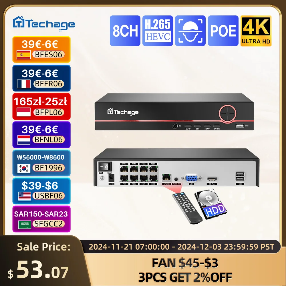 Techage H.265 8CH 4K 2K POE NVR Security Surveillance Network Video Recorder Up to 16CH For CCTV System POE IP Camera Recorder