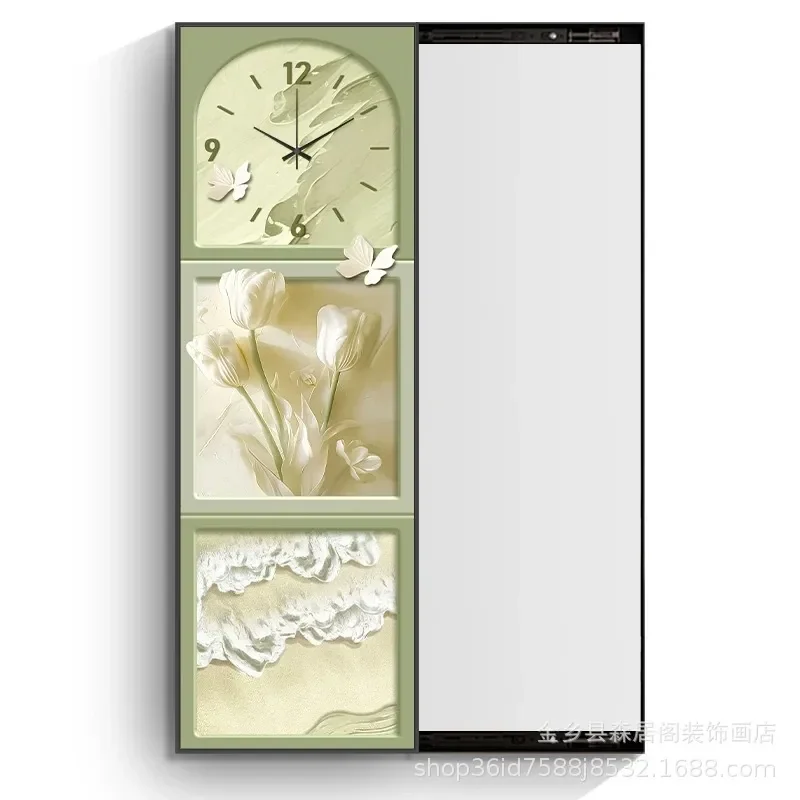 Cream Sliding Full Length Mirror with Hidden Clock Wall Mounted Push Pull Makeup Mirror for Entryway Bedroom